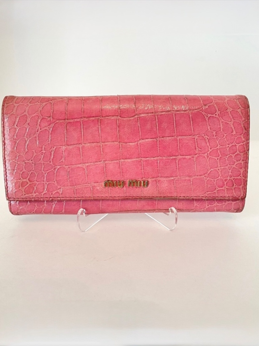 Miu Miu Pink Crocodile Embossed Leather Long Flap Wallet